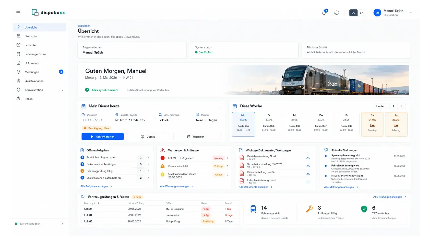 Aktuelle dispoboxx Dashboard-Ansicht mit Dienst, Wochenplanung, Aufgaben, Fahrzeugen und Dokumenten