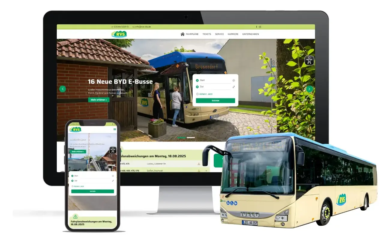 Projektansicht der RVS Website auf Desktop und Smartphone mit einem Linienbus