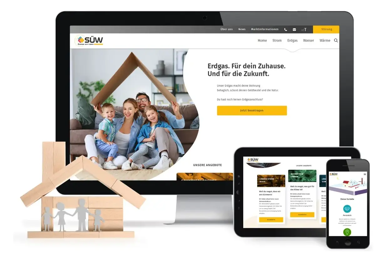 Projektansicht der SÜW Website auf Desktop, Tablet und Smartphone